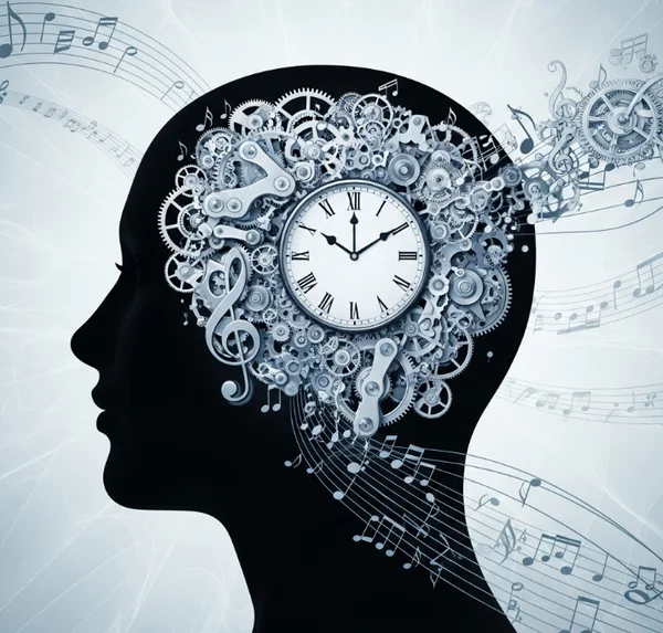 Concept of internal clock with gears and notes in head