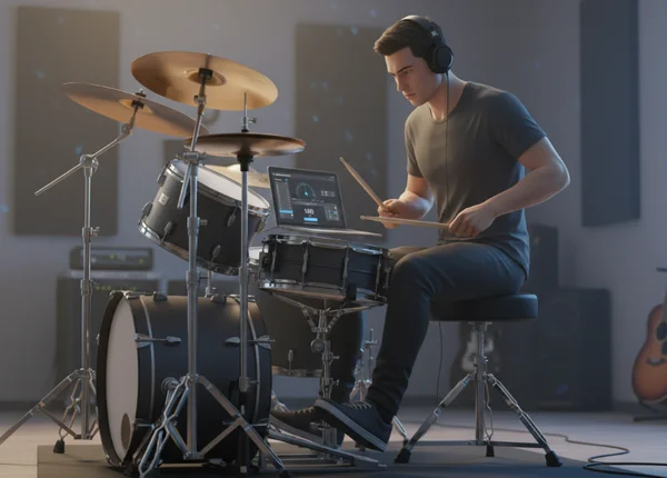 Batteur pratiquant la grosse caisse double avec un métronome en ligne