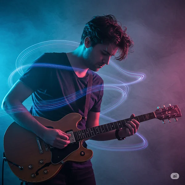 Guitarrista usando técnica de metrônomo avançado para música.