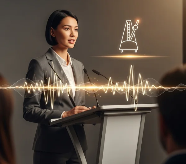 Speaker delivering a presentation with steady rhythm.