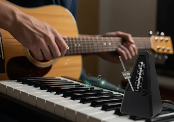 Musician practicing with a metronome, focusing on subdivisions