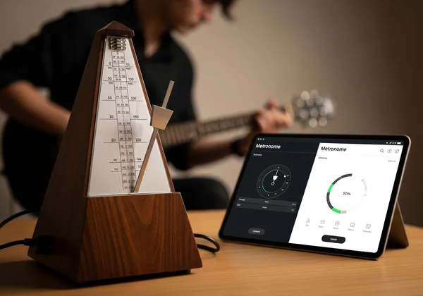 Classic metronome and a musician using an online metronome