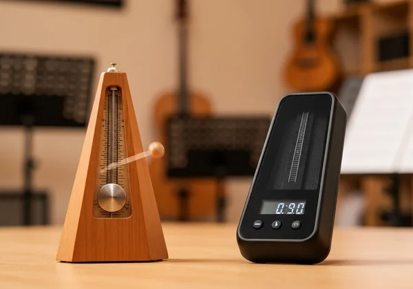 Classic mechanical metronome next to a modern digital device.